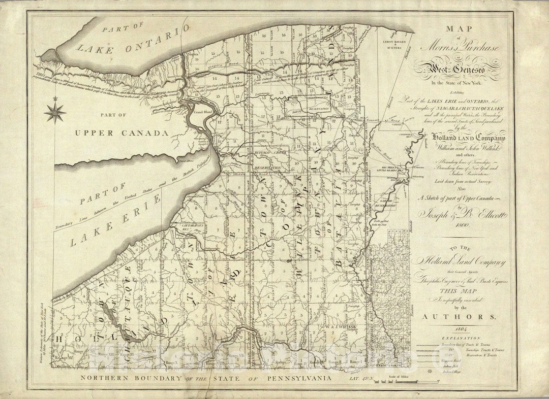 Historic Map - Map of Morris's Purchase or West Geneseo In the State of New York. Exhibiting Part of the Lakes Erie and Ontario, 1800, Joseph Ellicott - Vintage Wall Art