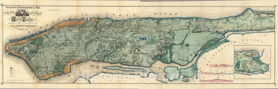 Historic Map : Sanitary & Topographical Map of the City and Island of New York., 1865, Vintage Wall Decor