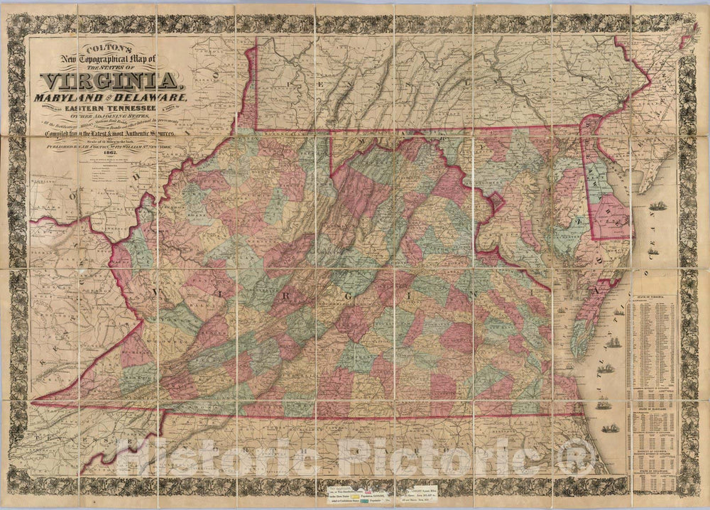 Historic Map - Virginia, Maryland, Delaware. 1862 - Vintage Wall Art