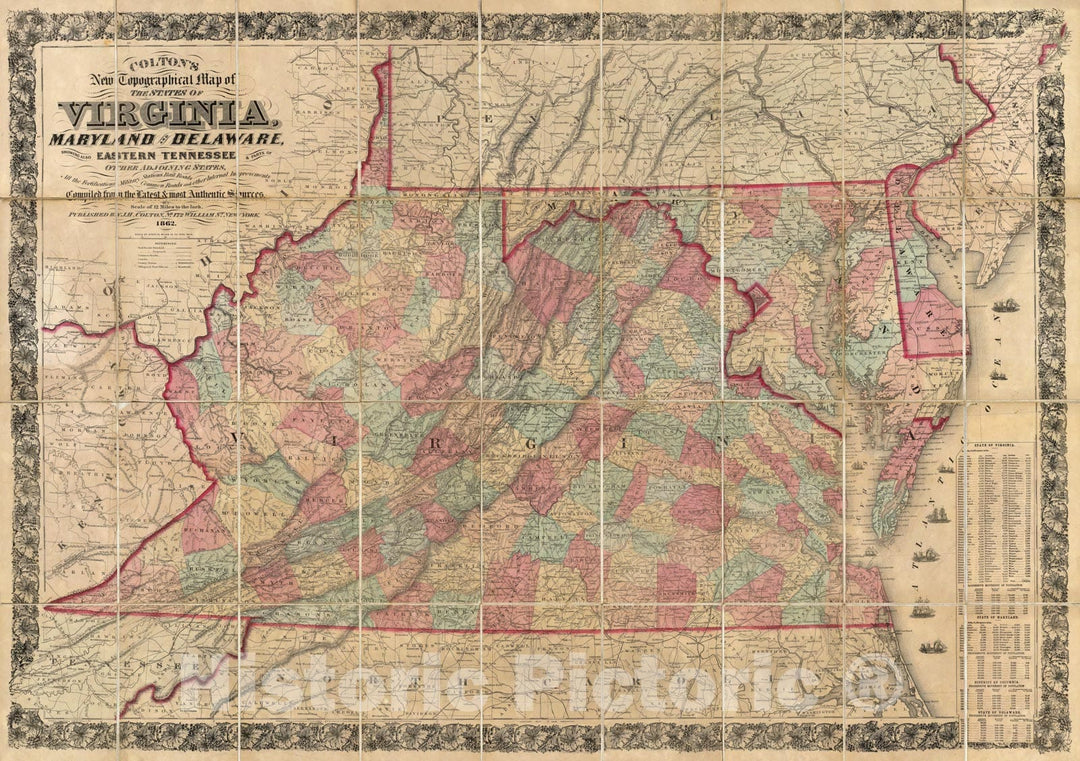 Historic Map - Virginia, Maryland, Delaware. 1862 - Vintage Wall Art