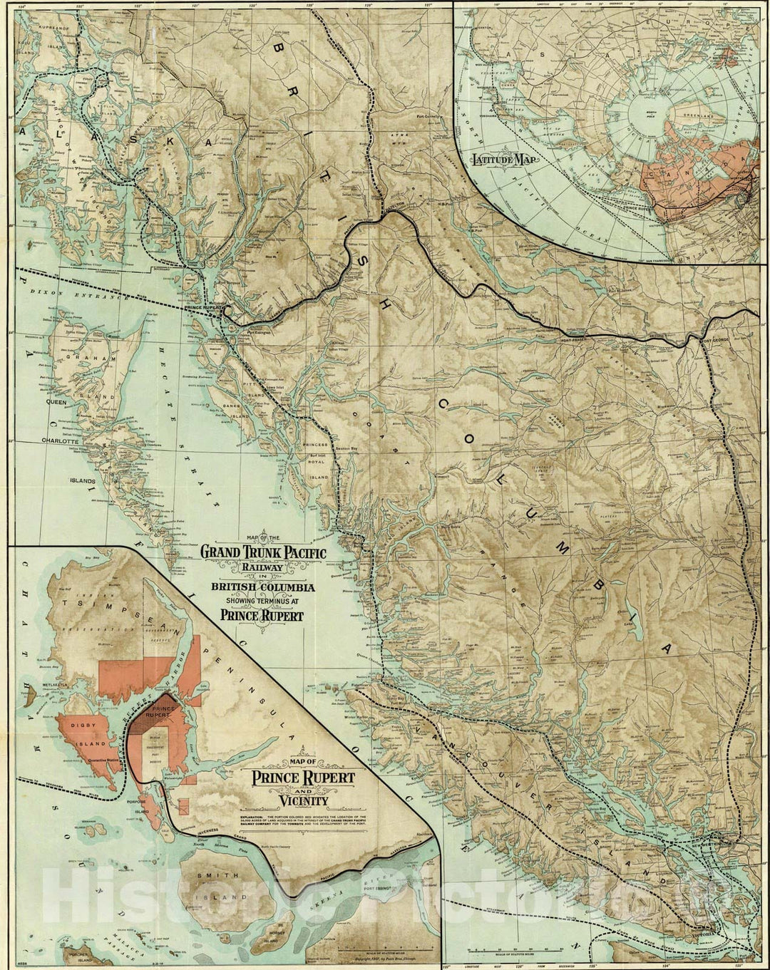 Historic Map : Map of The Grand Trunk Pacific Railway In British Columbia, 1910 - Vintage Wall Art