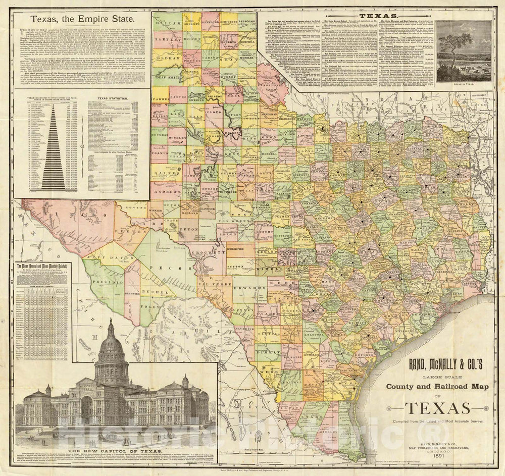 Historic Map - Large Scale County and Railroad Map of Texas, 1891, - Vintage Wall Art