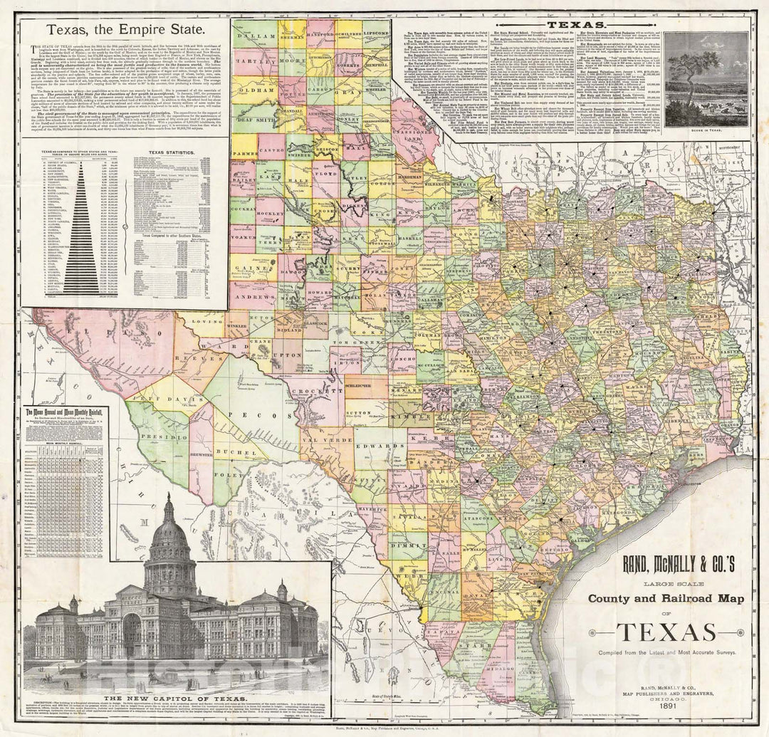 Historic Map - Large Scale County and Railroad Map of Texas, 1891, - Vintage Wall Art