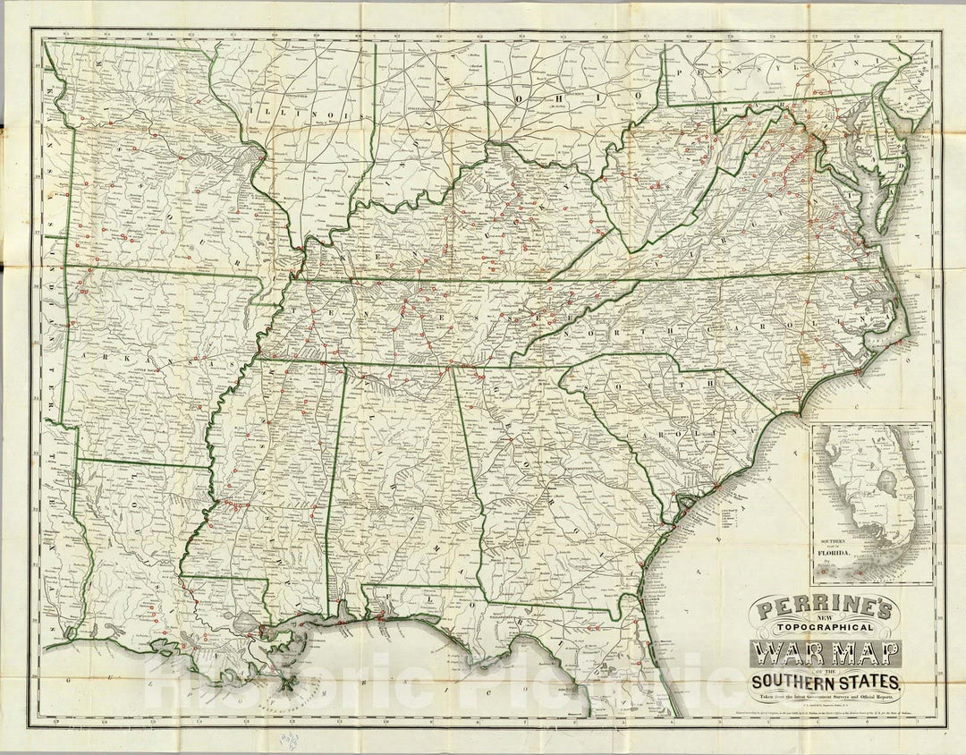 Historic Map - Perrine's New Topographical War Map of The Southern States, 1864 - Vintage Wall Art