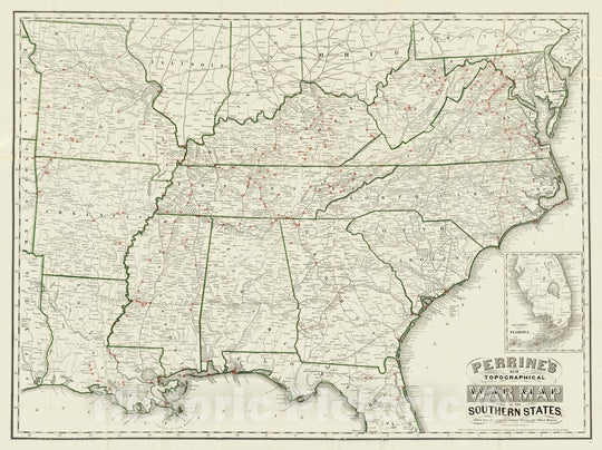 Historic Map - Perrine's New Topographical War Map of The Southern States, 1864 - Vintage Wall Art