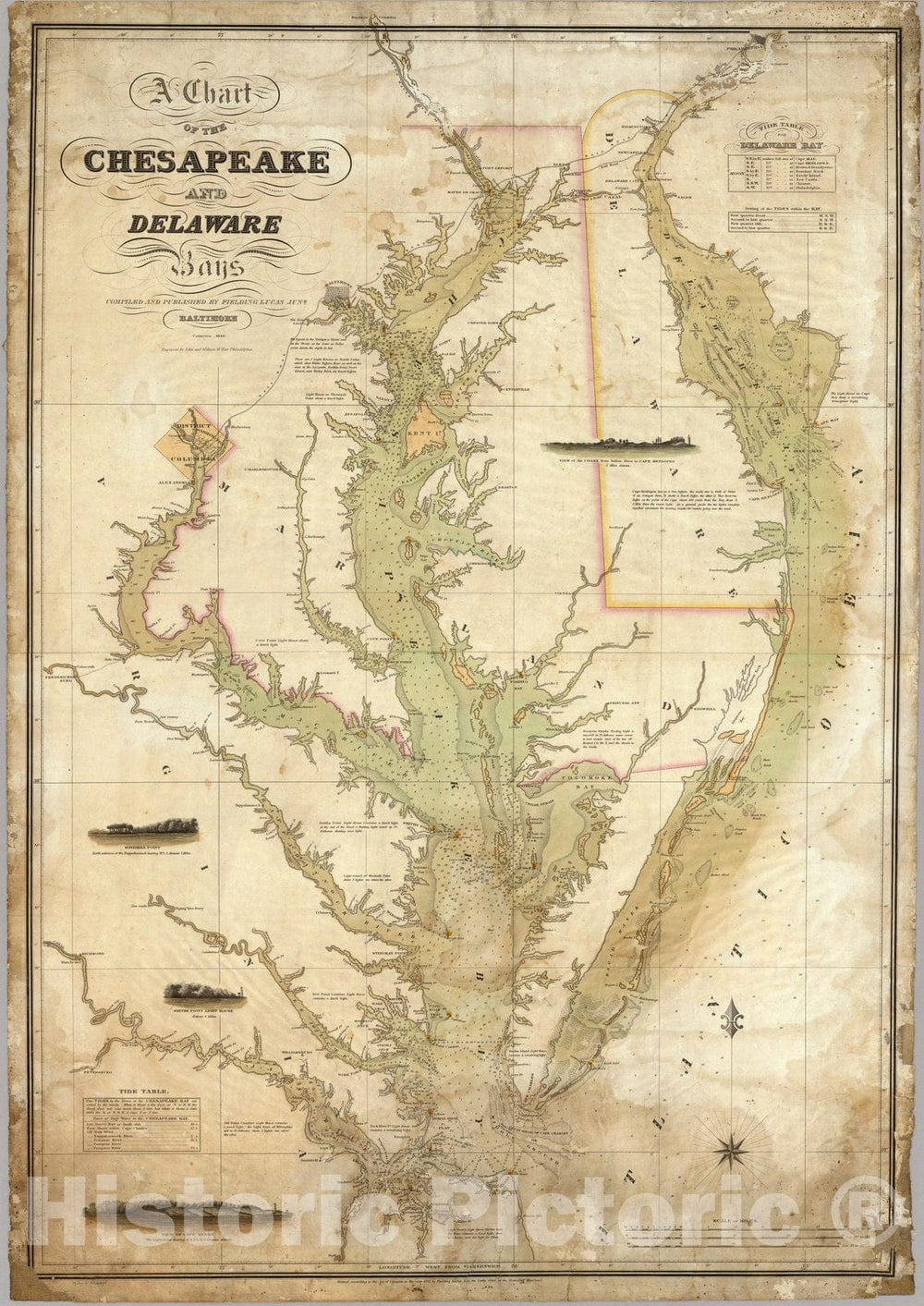 Historic Chart Map, A Chart of the Chesapeake And Delaware Bays. 1840 - Vintage Wall Art