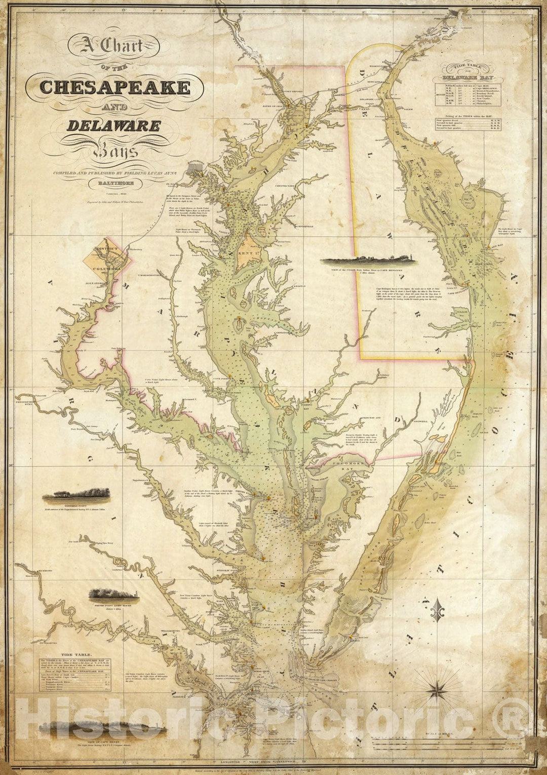 Historic Chart Map, A Chart of the Chesapeake And Delaware Bays. 1840 - Vintage Wall Art