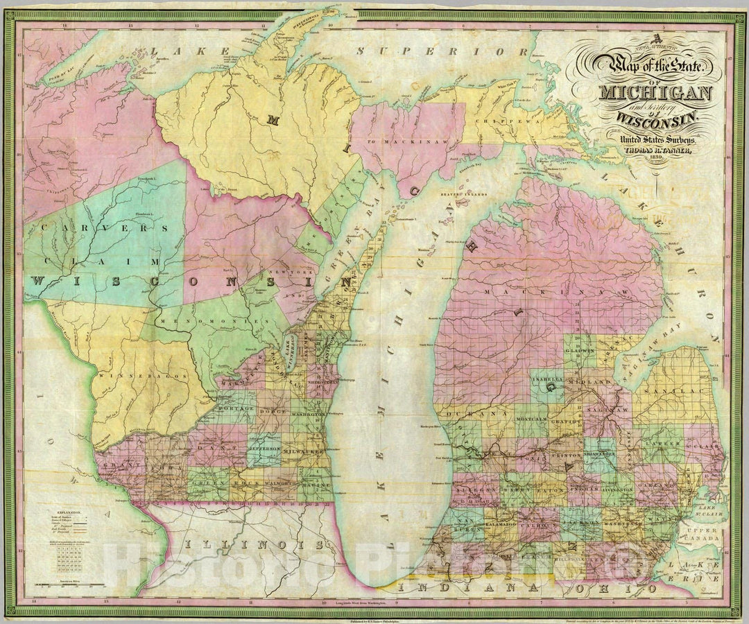 Historic Map : Map of the State of Michigan and Territory of Wisconsin, 1839 - Vintage Wall Art