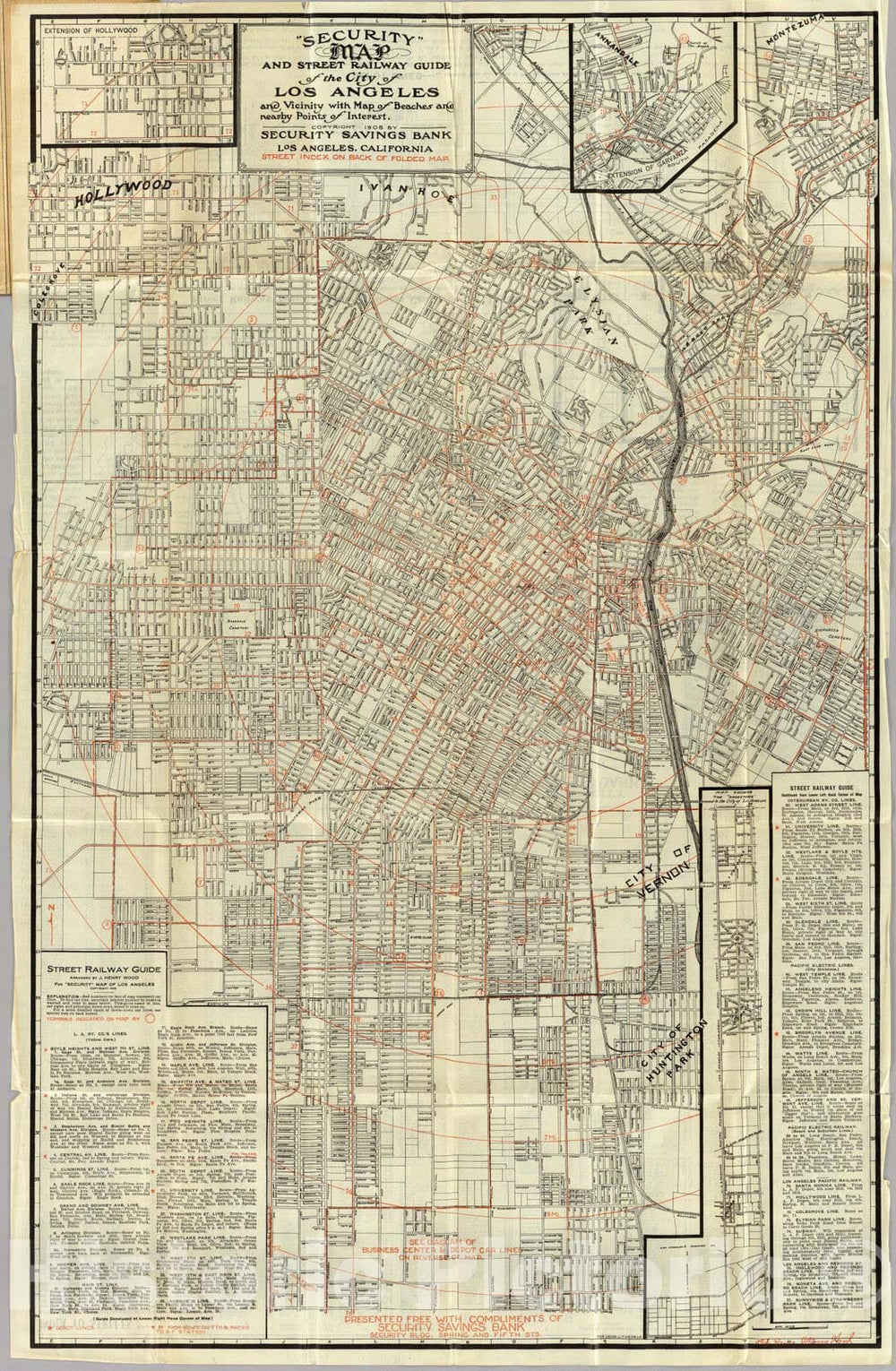 Historic Map - Security Map And Street Railway Guide of the City of Los Angeles, 1908 - Vintage Wall Art