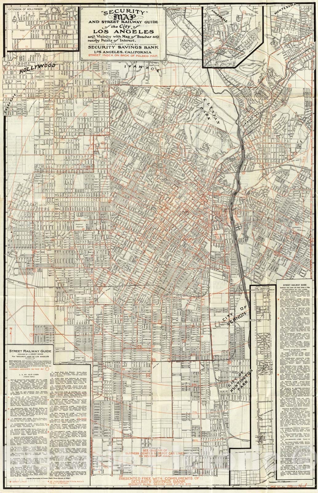 Historic Map - Security Map And Street Railway Guide of the City of Los Angeles, 1908 - Vintage Wall Art