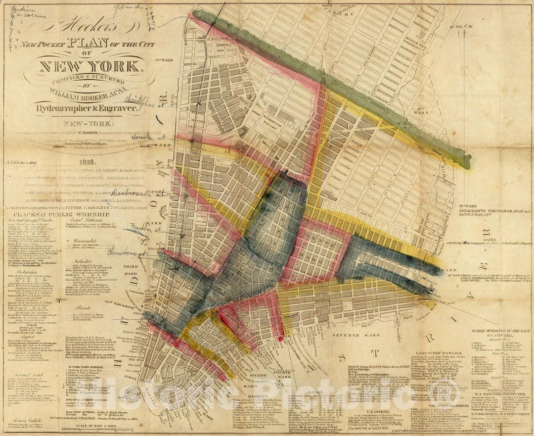 Historic Map : Pocket Map, Hooker's New Pocket Plan of The City of New York. 1829 - Vintage Wall Art