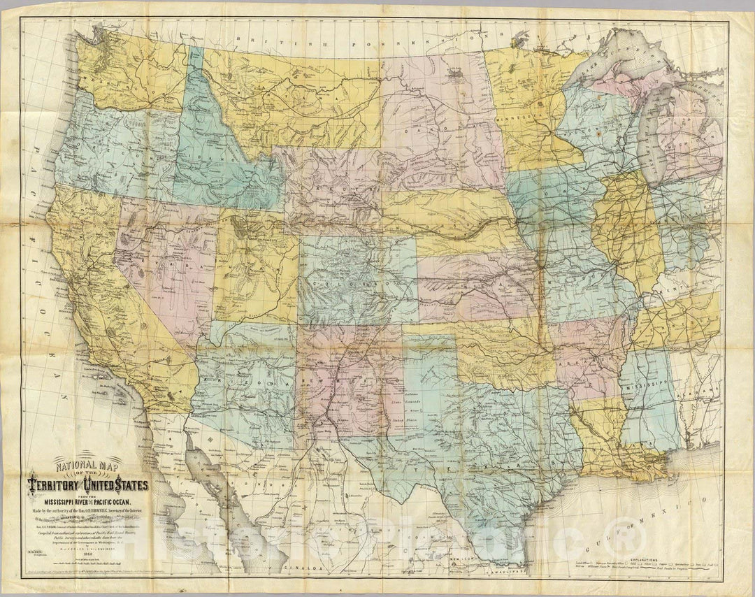 Historic Map : National Map of The Territory of The United States, 1868 - Vintage Wall Art