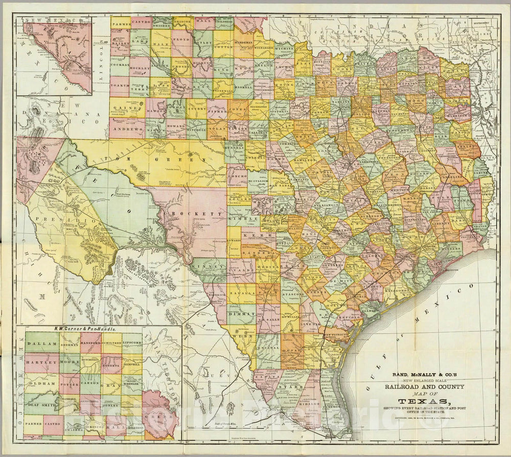 Historic Map : Rand McNally Railroad And County Map of Texas, 1882 - Vintage Wall Art