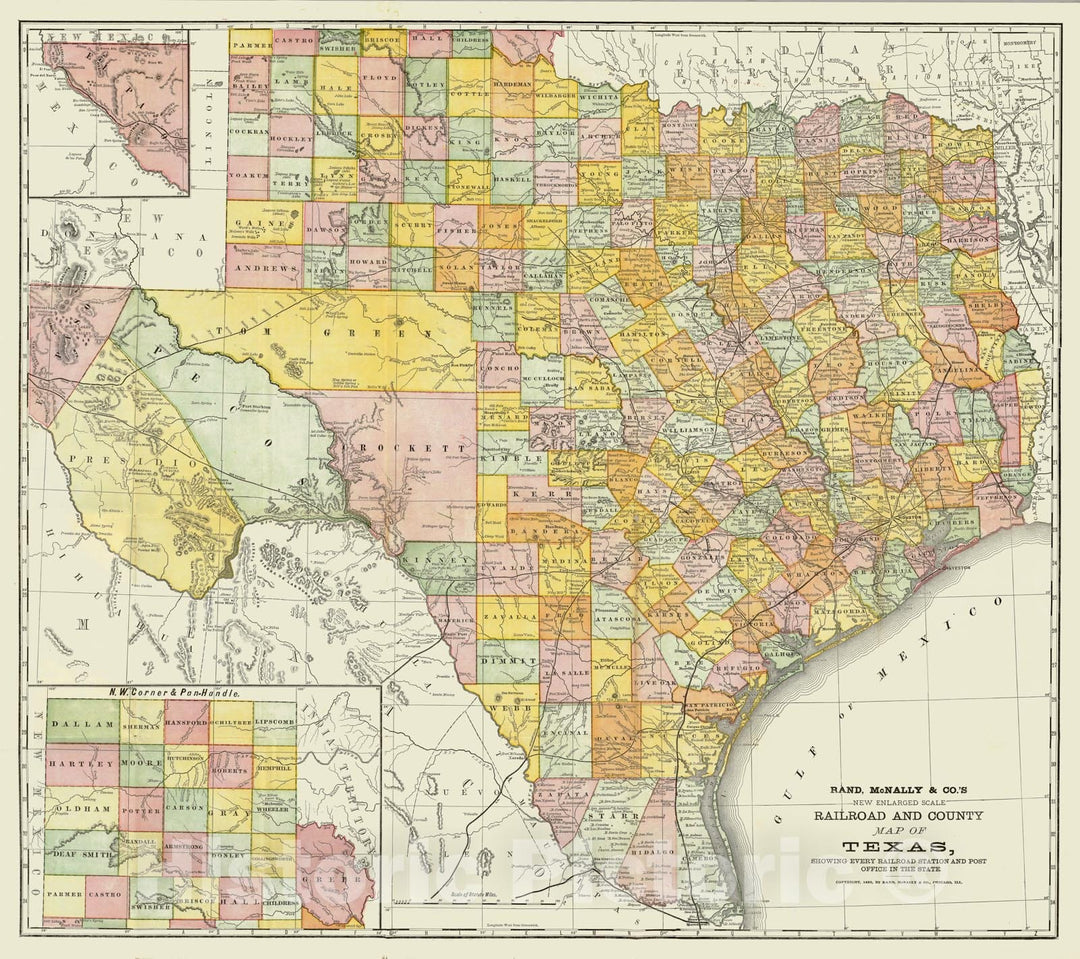 Historic Map : Rand McNally Railroad And County Map of Texas, 1882 - Vintage Wall Art