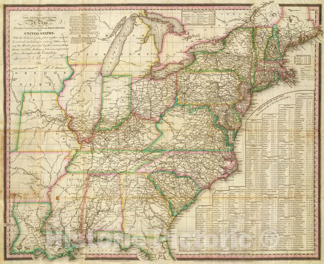 Historic Map : The Roads, Canals And Steam Boat Routes of The United States, 1825 - Vintage Wall Art