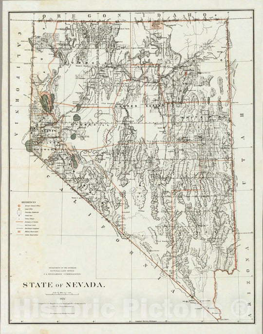 Historic Map : Department of The Interior General Land office Map - State of Nevada. 1879 - Vintage Wall Art