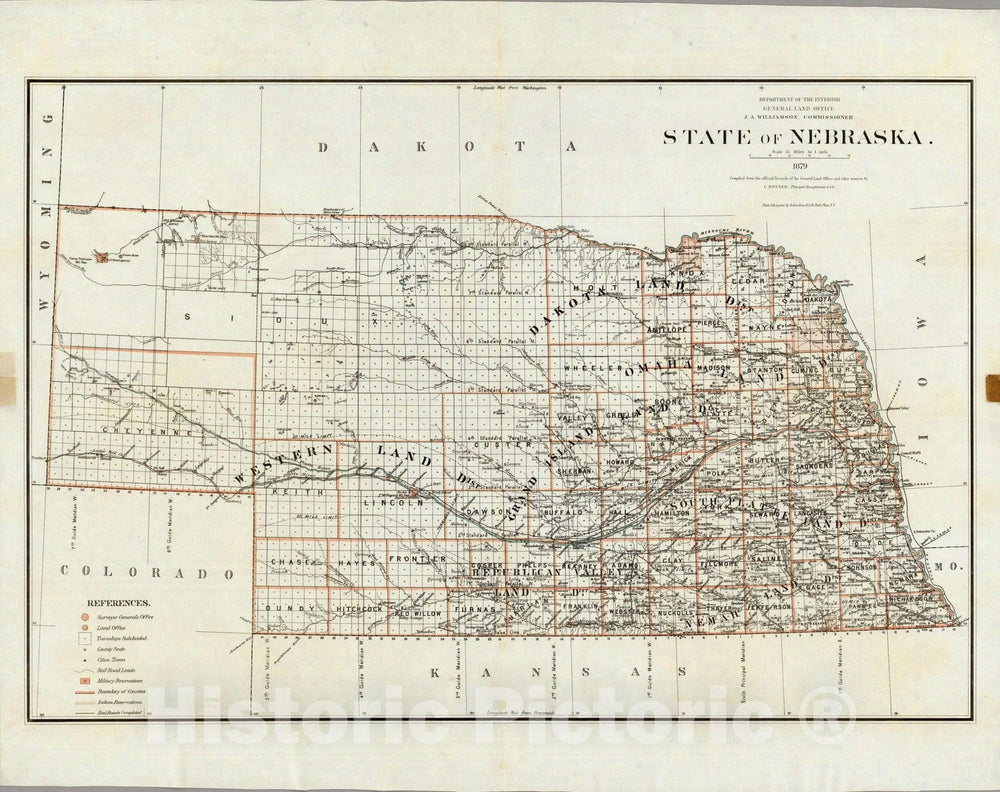 Historic Map - Department of The Interior General Land office Map - State of Nebraska. 1879 - Vintage Wall Art