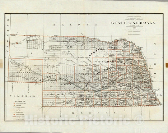 Historic Map - Department of The Interior General Land office Map - State of Nebraska. 1879 - Vintage Wall Art