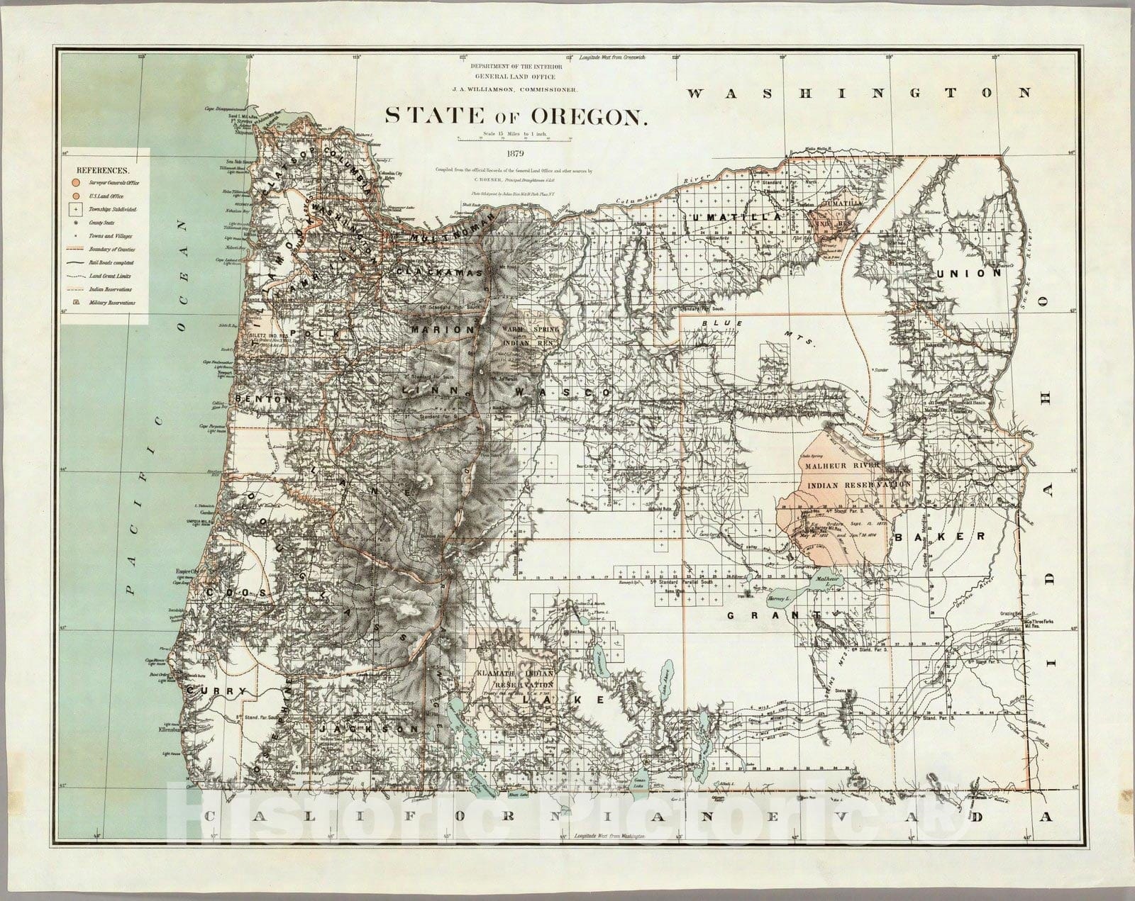 Historic Map : Department of The Interior General Land office Map - State of Oregon. 1879 - Vintage Wall Art