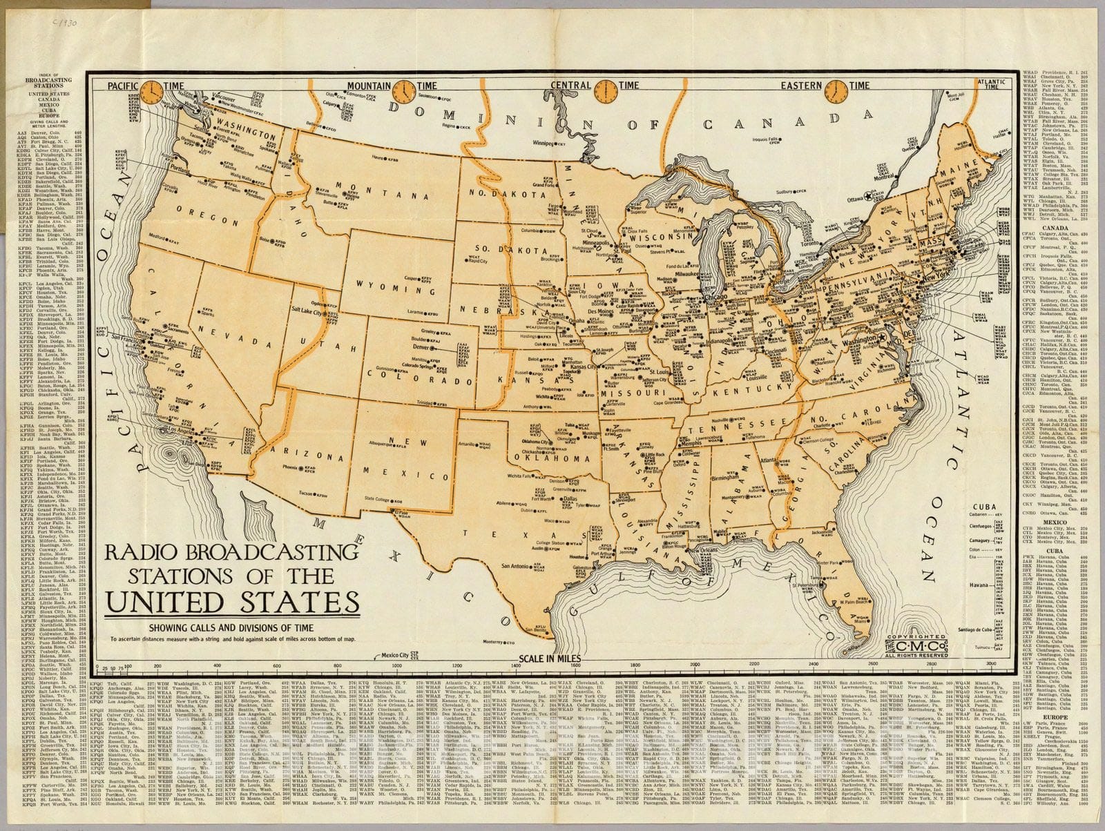 Historic Map : Pocket Map, Radio Broadcasting Stations of The United States. 1930 - Vintage Wall Art