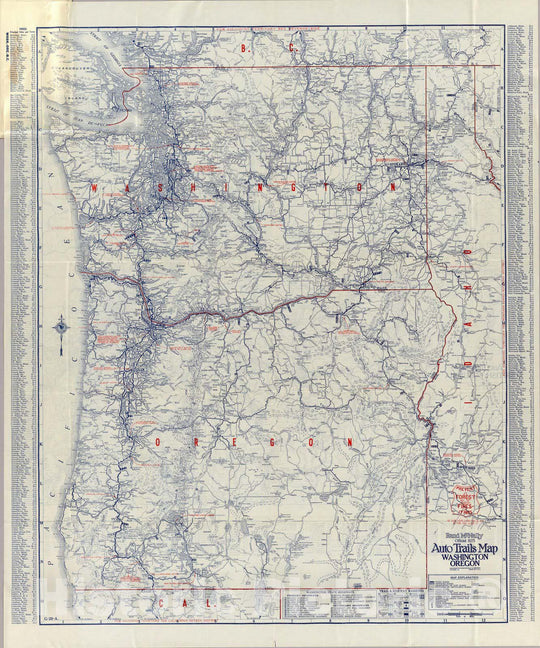 Historic Map : Rand McNally official 1925 Auto Trails Map Washington Oregon, 1925 - Vintage Wall Art