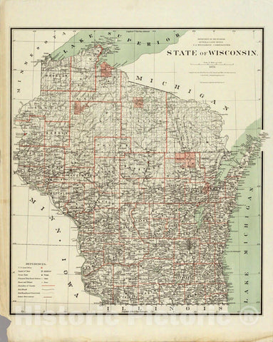 Historic Map : Department of The Interior General Land office Map - State of Wisconsin. 1878 - Vintage Wall Art