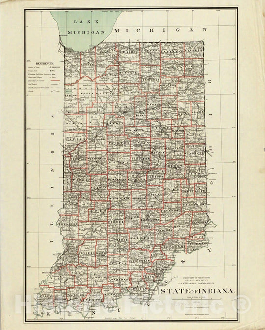 Historic Map : Department of The Interior General Land office Map - State of Indiana. 1878 - Vintage Wall Art