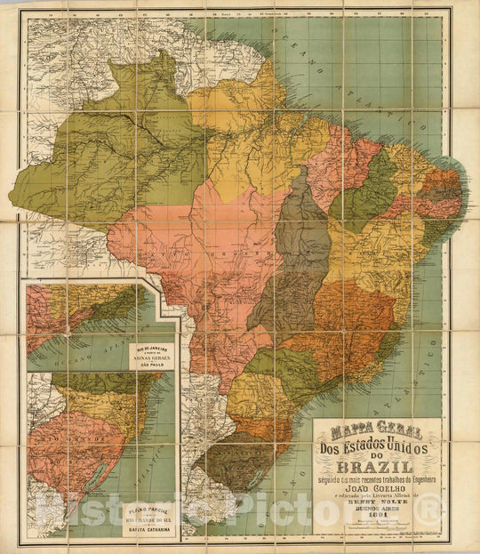 Historic Map : Brazil, Mappa geral dos Estados Unidos do Brazil, 1891 , Vintage Wall Art