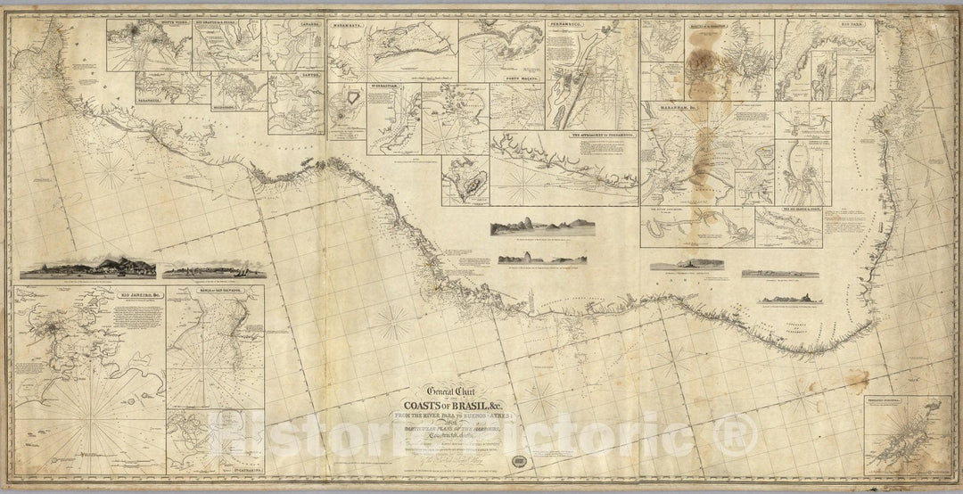 Historic Wall Map -General chart of the coasts of Brasil, c. from the River Para to Buenos-Ayres. 1853 - Vintage Wall Art