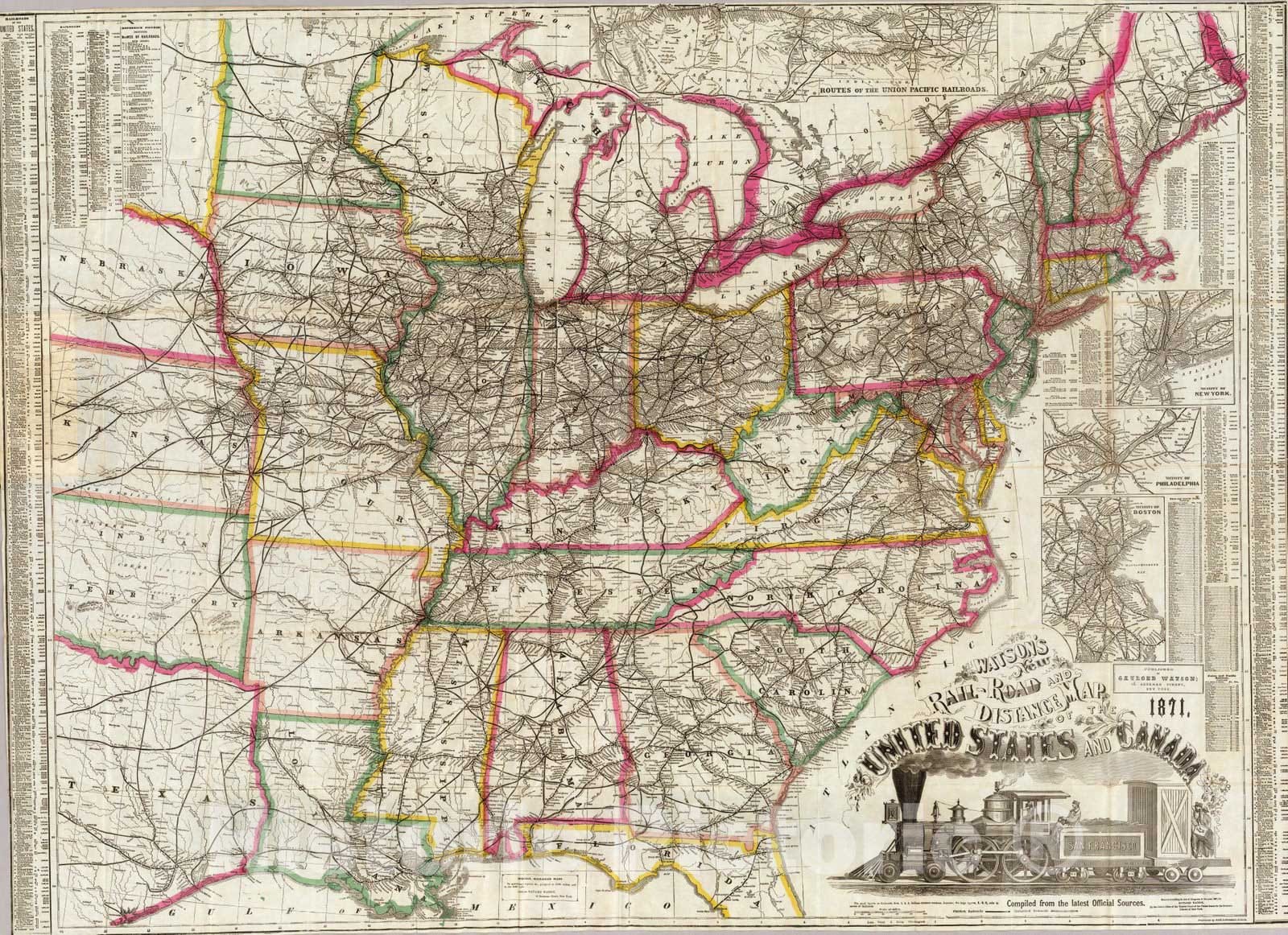 Historic Map : Watson's new rail-road and distance map of the United States and Canada, 1871 - Vintage Wall Art