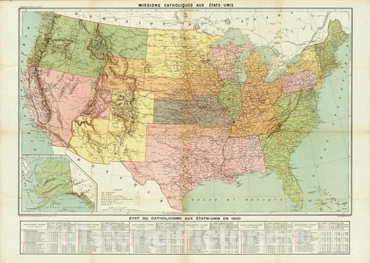 Historic Map : United States, Missions Catholiques aux Etats-Unis. 1900 , Vintage Wall Art