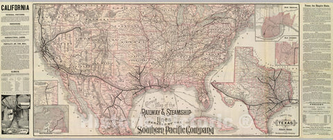 Historic Map : Timetable Map, Railway, steamship lines, Southern Pacific Company. 1892 - Vintage Wall Art