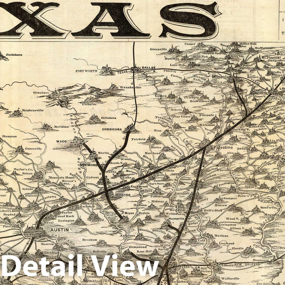 Historic Map : Timetable Map, Route to Texas. 1878 - Vintage Wall Art