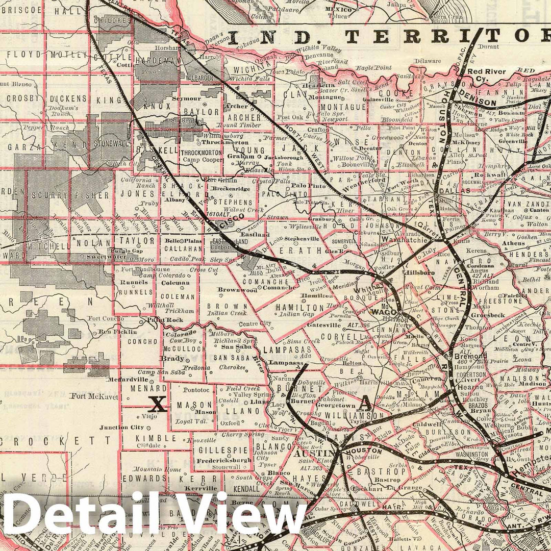 Historic Map : Timetable Map, Texas and Mexico, Houston and Texas Central railways. 1885 - Vintage Wall Art