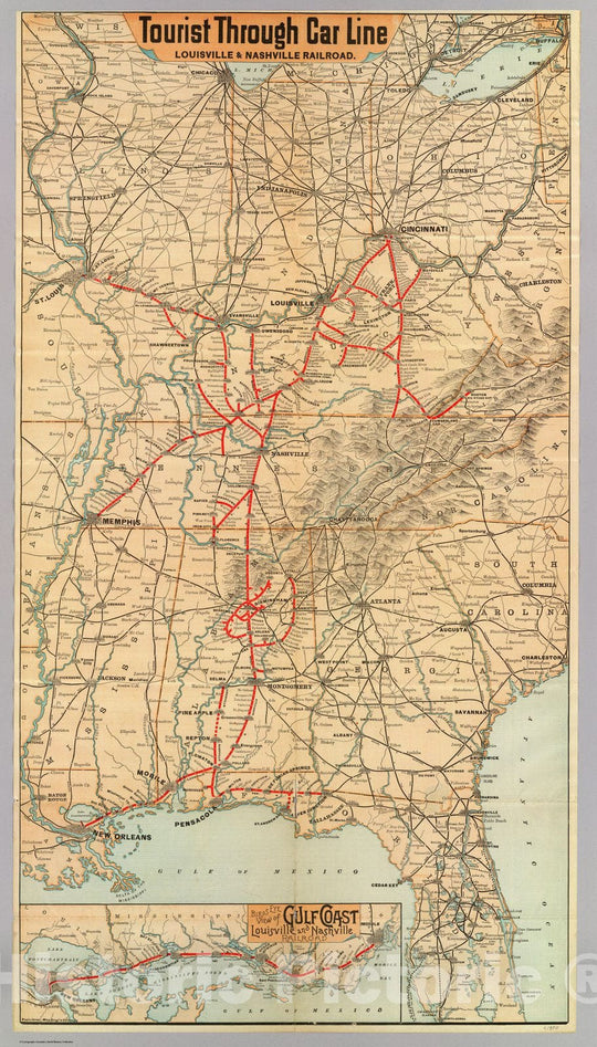 Historic Map - Timetable Map, Tourist through car line, Louisville & Nashville Railroad. 1890, - Vintage Wall Art