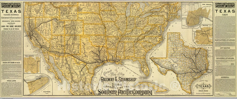 Historic Map : Timetable Map, Railway, steamship lines Southern Pacific Co. 1884 - Vintage Wall Art