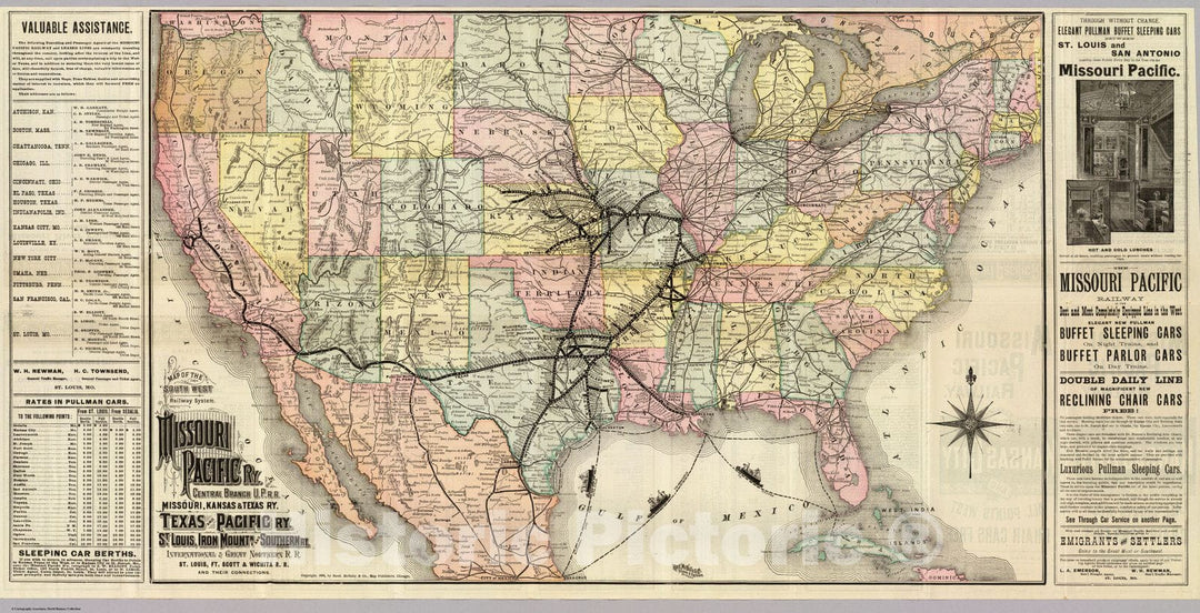 Historic Map : Timetable Map, Missouri Pacific Railway. 1886 - Vintage Wall Art