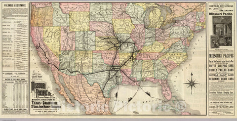 Historic Map : Timetable Map, Missouri Pacific Railway. 1886 - Vintage Wall Art