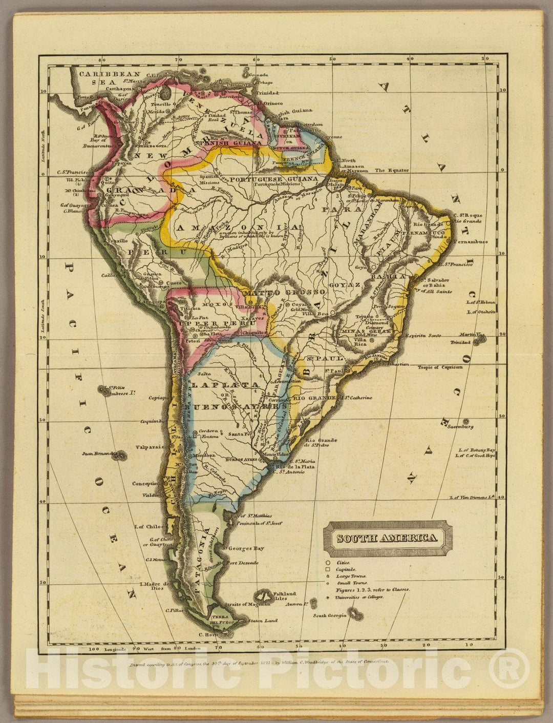 Historic Map : School Atlas Map, South America. 1824 - Vintage Wall Art