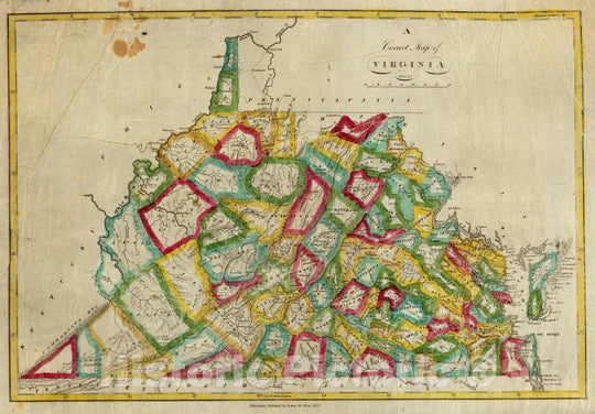 Historic Map : A correct map of Virginia. Philadelphia: Published by Robert De Silver, 1827. - Vintage Wall Art