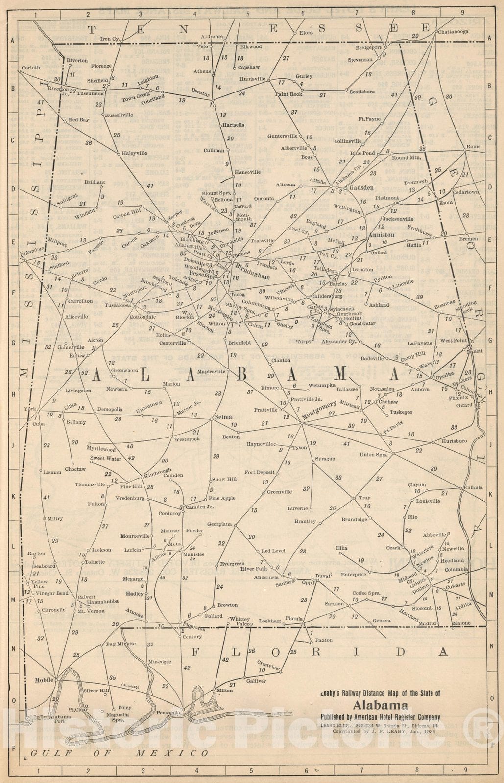 Historic Map : Railway Distance Map of the State of Alabama, 1934 - Vintage Wall Art