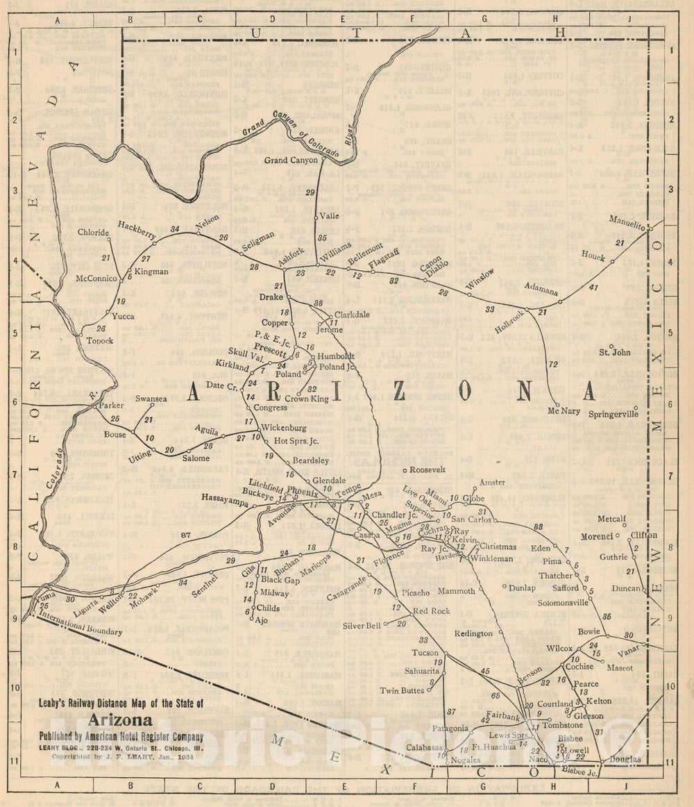 Historic Map - Railway Distance Map of the State of Arizona, 1934 - Vintage Wall Art
