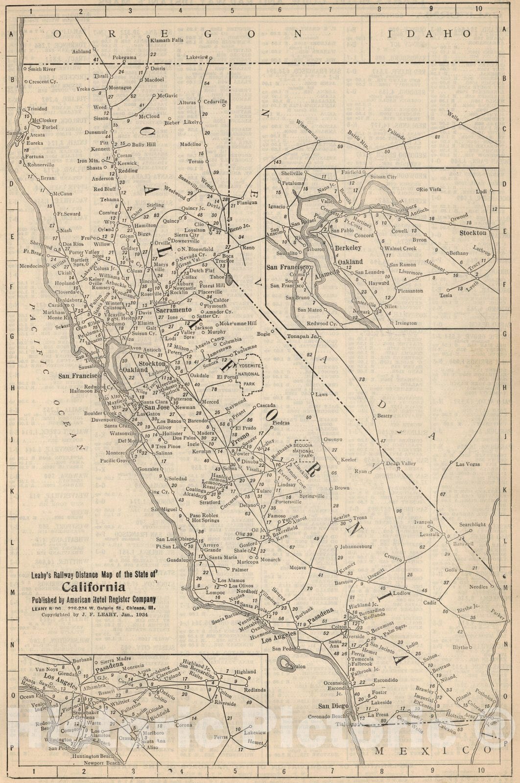 Historic Map : Railway Distance Map of the State of California, 1934 - Vintage Wall Art