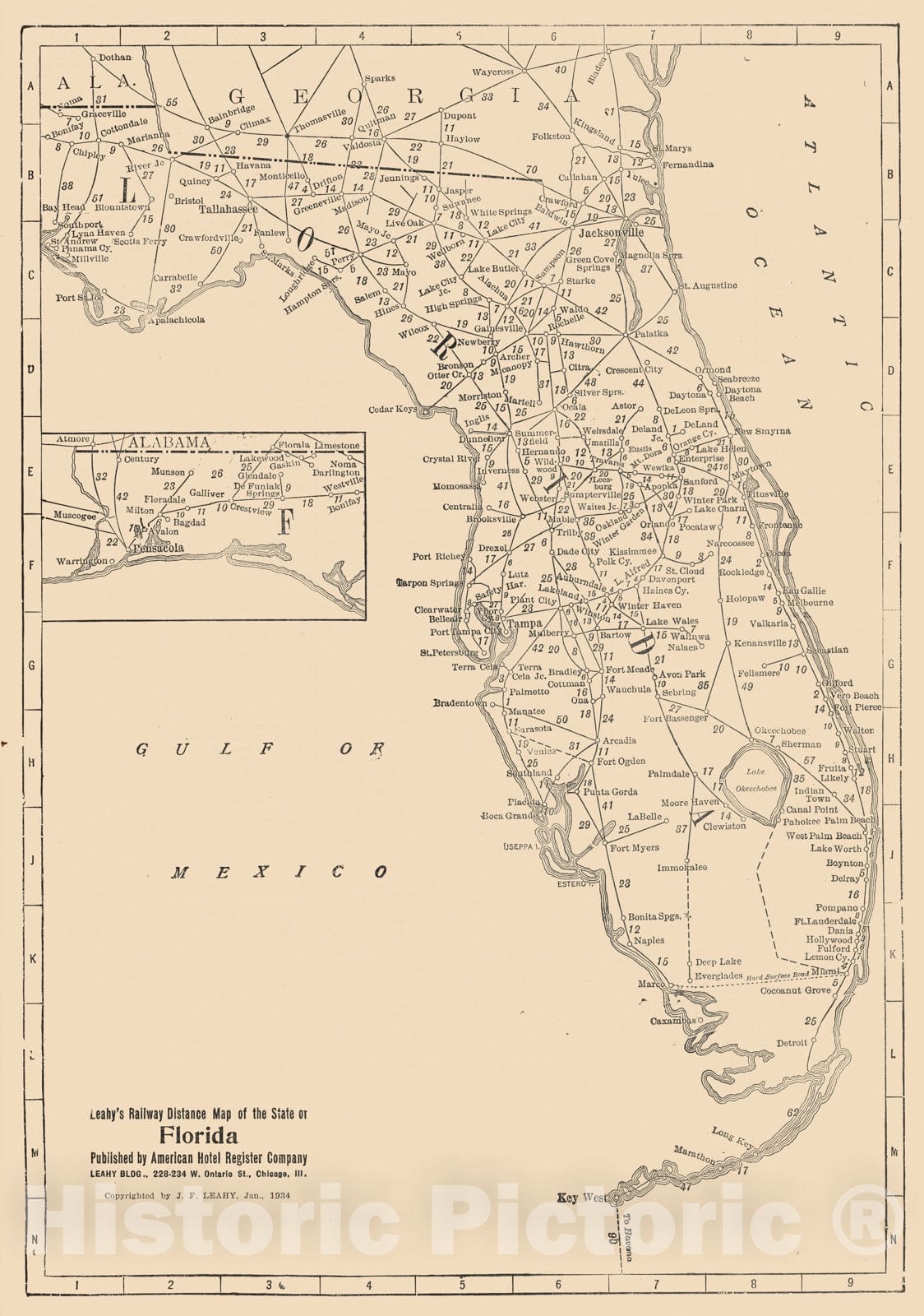 Historic Map : Railway Distance Map of the State of Florida, 1934 - Vintage Wall Art