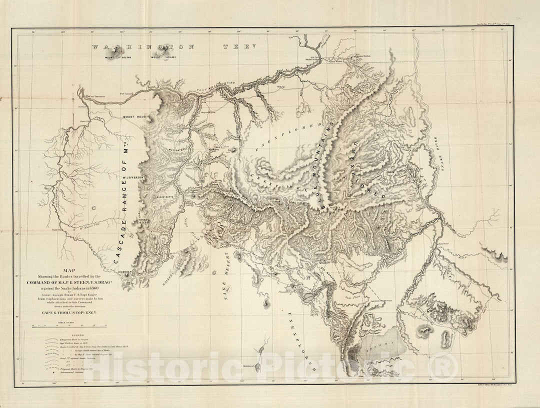 Historic Map : Map Showing the Routes travelled by the Command of Majr. E. Steen, 1860 - Vintage Wall Art