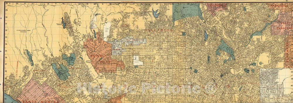 Historic Map : (Los Angeles Streets). Santa Monica. Westwood. Beverly Hills. Hollywood. South Pasadena., 1938, Vintage Wall Decor