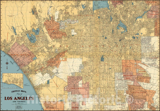 Historic Map : (Los Angeles Streets). Santa Monica. Westwood. Beverly Hills. Hollywood. South Pasadena., 1938, Vintage Wall Decor