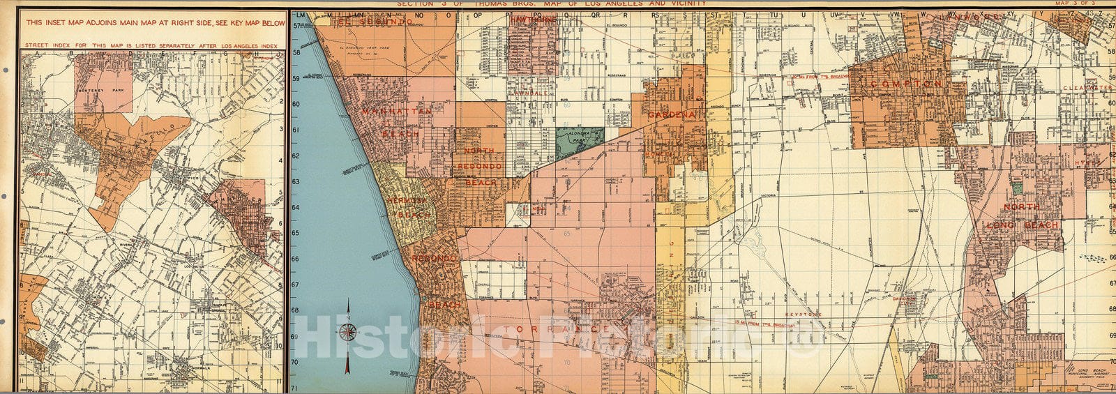 Historic Map : (Los Angeles Streets). El Segundo. Manhattan Beach. Redondo Beach. Gardena. Torrance. Compton. North Long Beach., 1938, Vintage Wall Decor