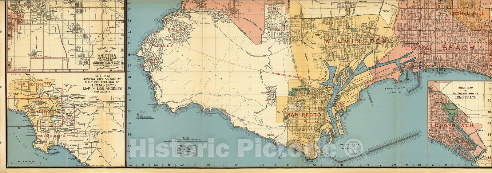 Historic Map : (Los Angeles Streets). Palos Verdes. San Pedro. Wilmington. Long Beach. Signal Hill, California., 1938, Vintage Wall Decor