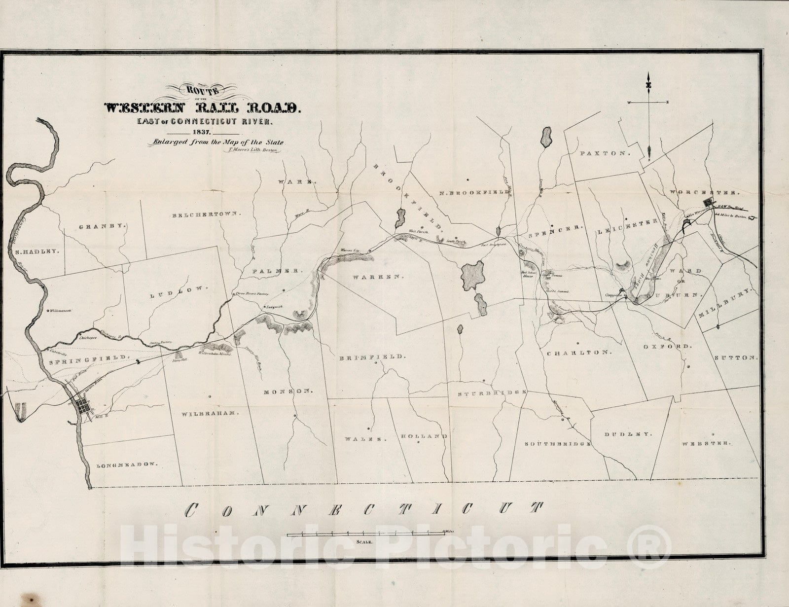 Historic Wall Map : Pamphlet, Route of the Western railroad. East of Connecticut River 1837 - Vintage Wall Art